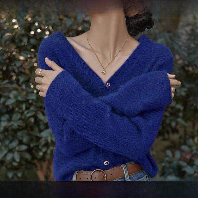 Rouje Tusse秋冬Klein蓝色v领针织开衫女士慵懒温柔风格羊绒毛衣