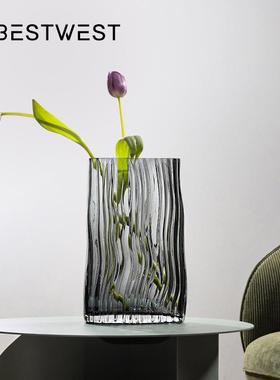 Best west 北欧冷灰色透明竖纹水培玻璃花瓶家居客厅装饰花器