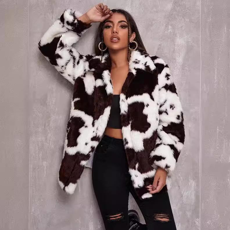 Faux Fur Coat Womens Harajuku Style Cow Pattern Black and