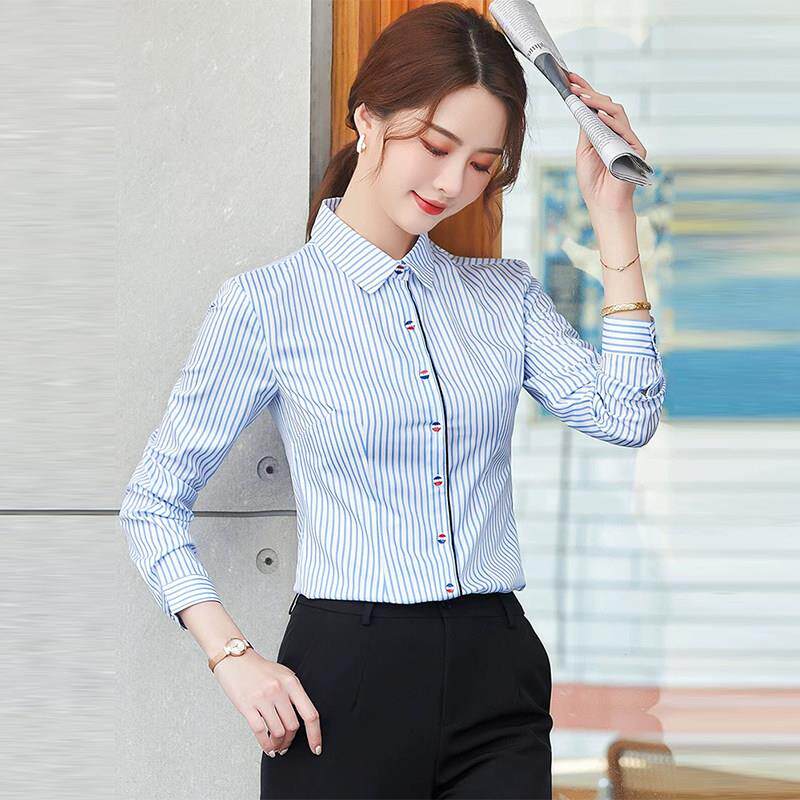 蓝条纹衬衫女长袖职业春秋气质餐饮服务员工装衬衣酒店前台工作服