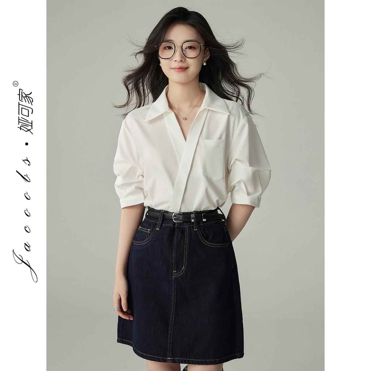 娅可家衬衫女短袖2025年夏季新款法式小众设计感气质减龄V领上衣