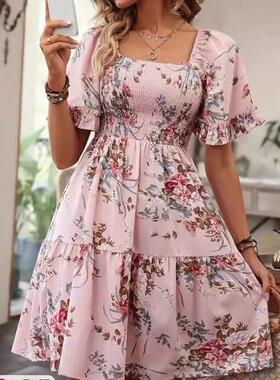 Spring Summer Vacation Flower Print Shirred Dress Short