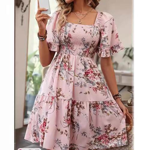 Spring Summer Vacation Flower Print Shirred Dress Short