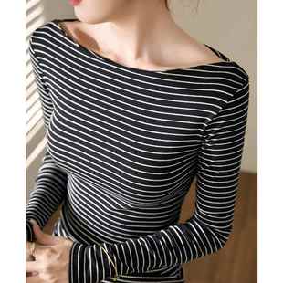 高级感复古一字领条纹T恤女长袖秋冬新款修身纯棉打底衫上衣定制