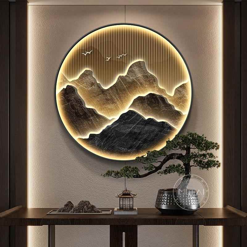 金色框晶瓷装裱山水画 LED灯画可定制风景主题 新中式玄关装饰画