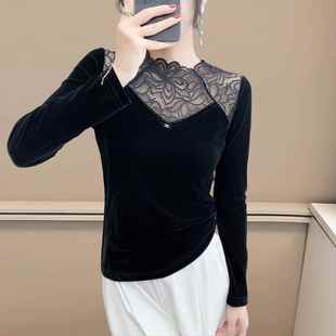丝绒打底衫 显瘦内搭长1219e 女秋冬欧货性感镂空蕾丝拼接上衣修身