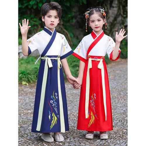 汉代童装、男童传统校服、短袖女童马面裙、小学生古装、开幕式演