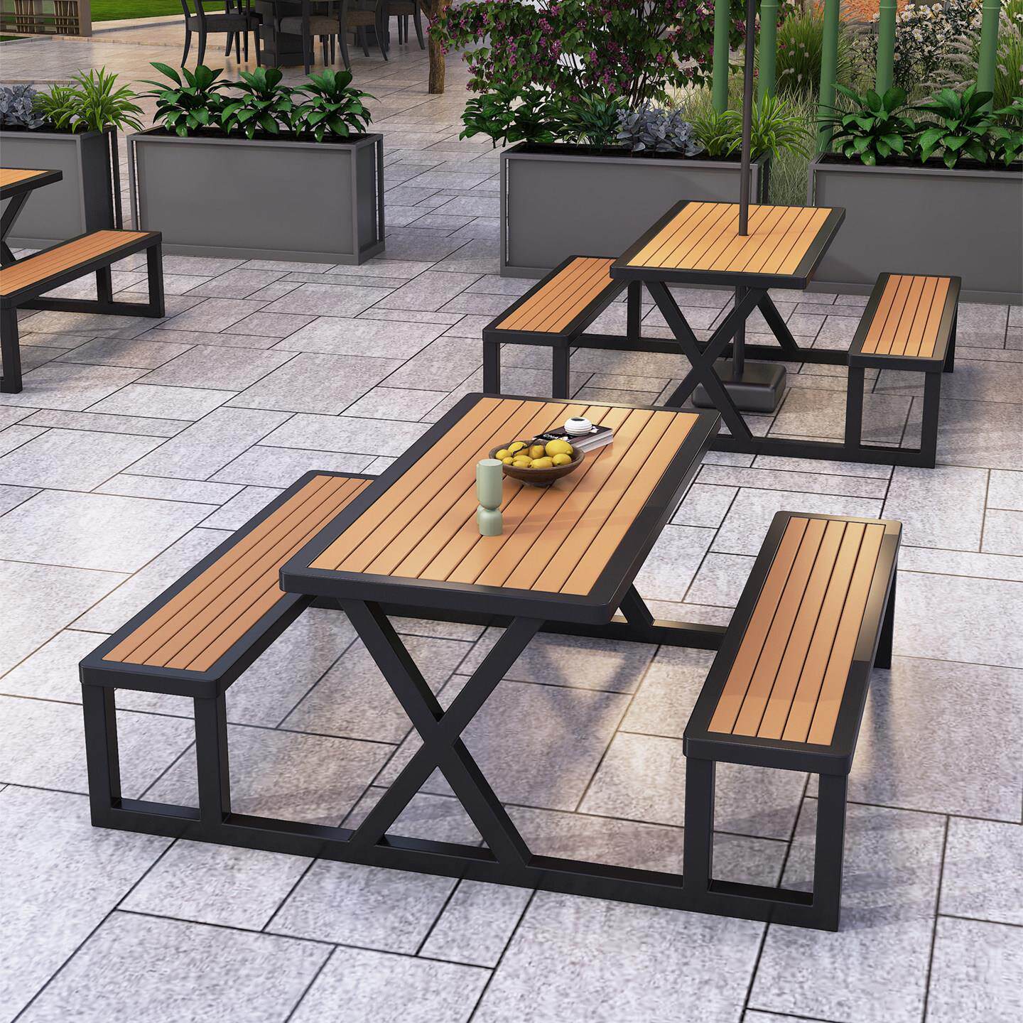 户外商业街连身桌椅组合室外夜市广场奶茶咖啡店一体式带靠背桌椅