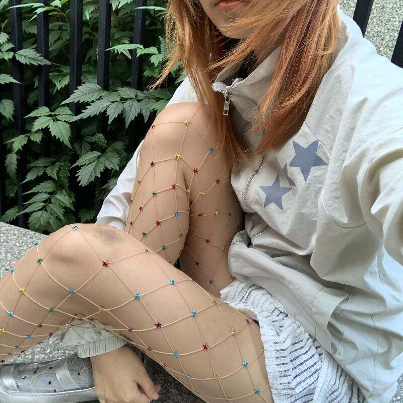 多巴胺彩色星星网格袜夏季薄款性感辣妹镂空丝袜y2k热辣裤袜.