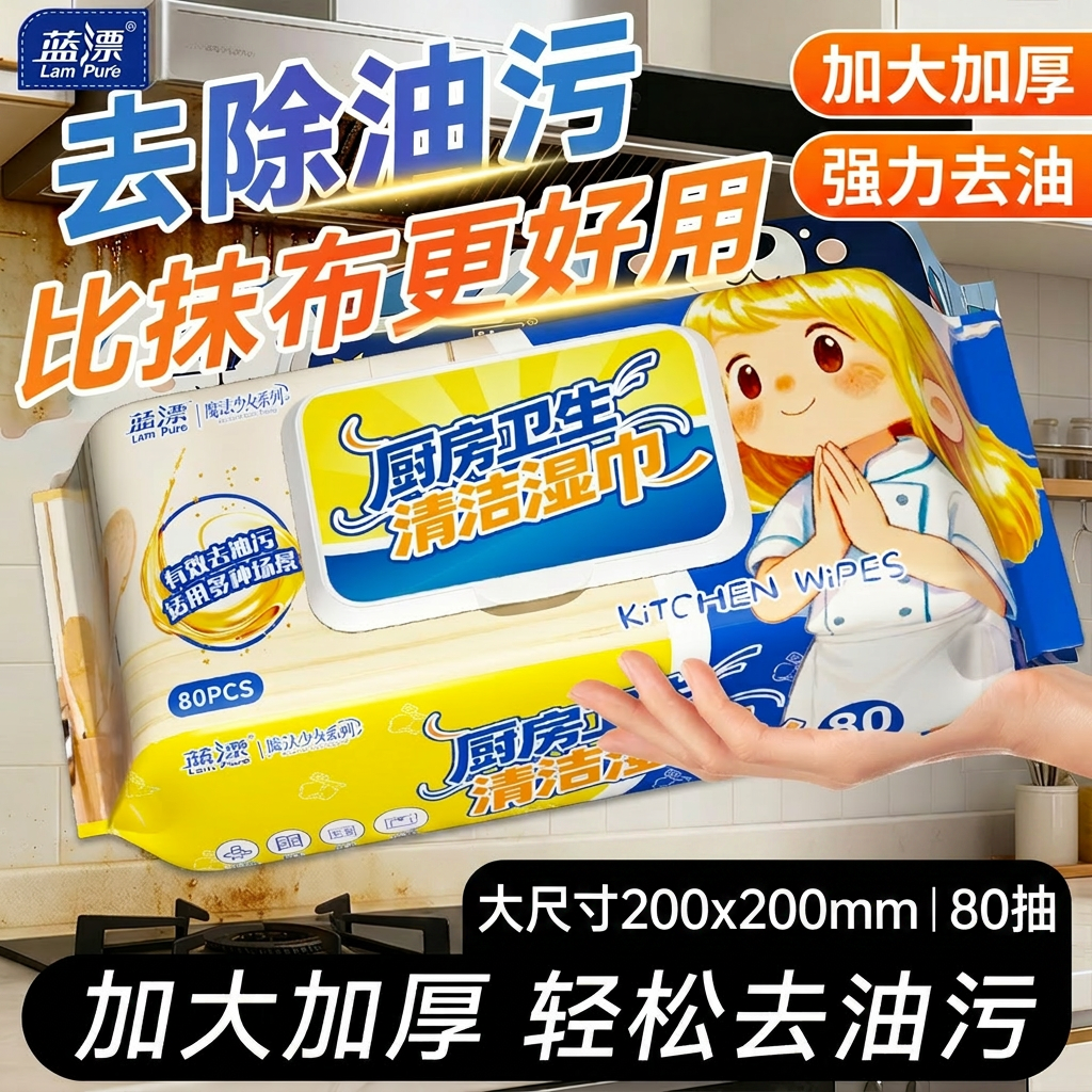 蓝漂厨房湿巾1包80抽强力去油污