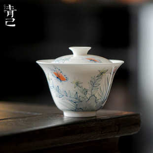 青己釉下彩手绘青花盖碗功夫茶具家用陶瓷泡茶碗文人薄胎白瓷盖碗