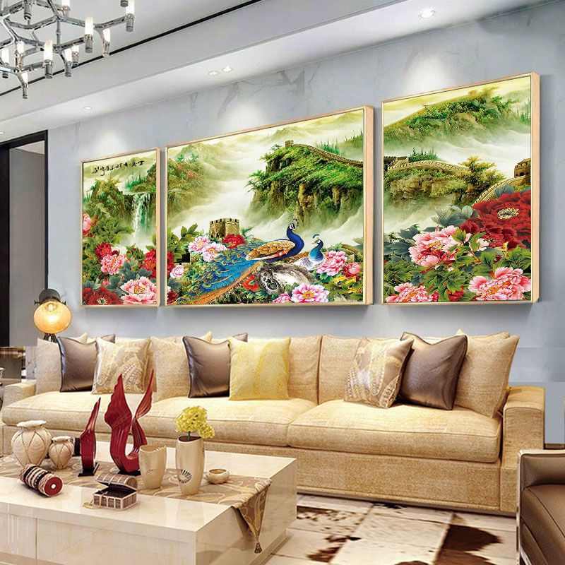 牡丹三联装饰画客厅沙发背景墙画花开富贵晶瓷画孔雀壁画欧式威东图片