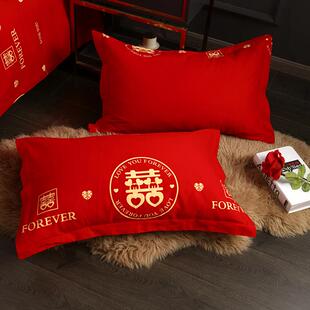 结婚纯棉红色枕套48cmx74cm一对装大号50x80全棉枕头皮小号40x60