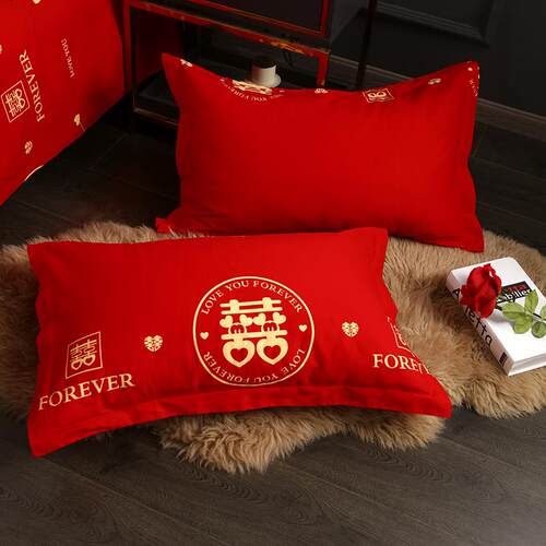 结婚纯棉红色枕套48cmx74cm一对装大号50x80全棉枕头皮小号40x60