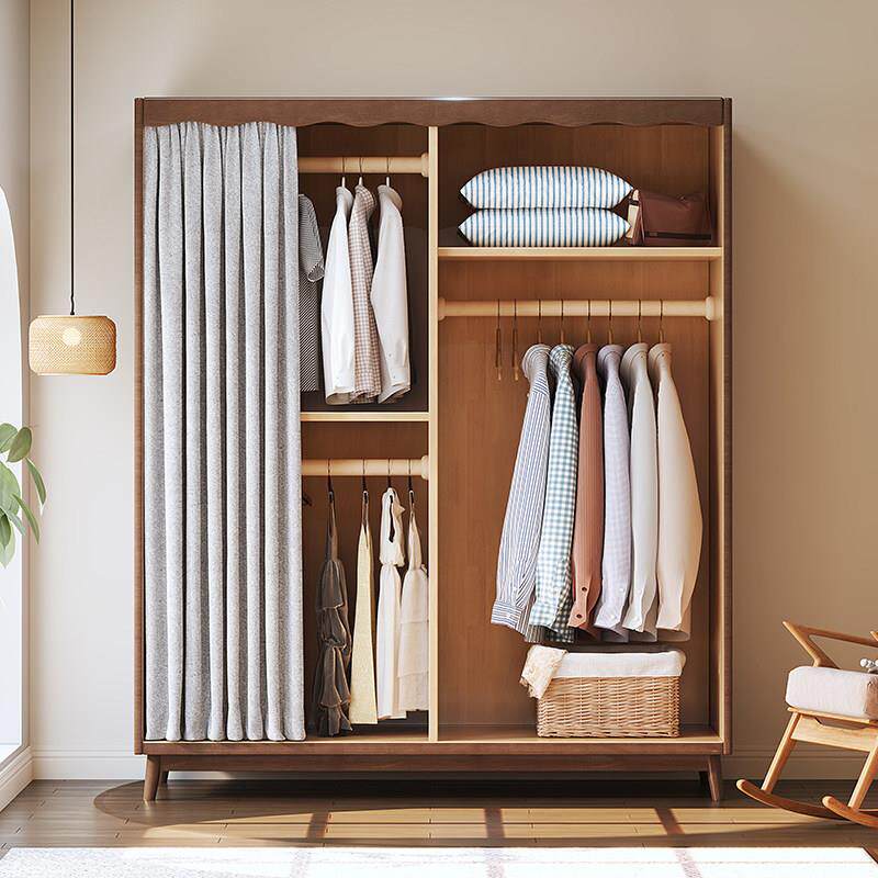 现代简约全实木两门衣柜北欧卧室小户型家用防尘布帘衣橱收纳柜