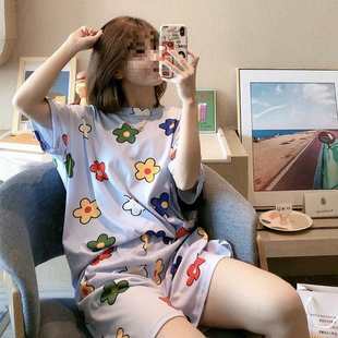 套装 夏天短袖 花朵可爱圆领少女士家居服大码 薄款 可外穿 睡衣女夏季