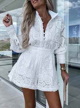 Lace Shorts Sets Women Casual Hollow Out Suit Female Stand C