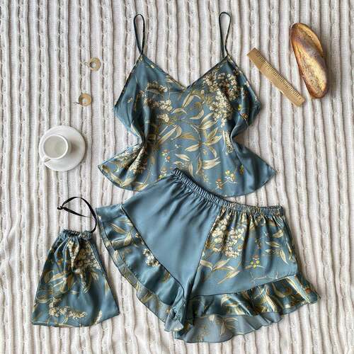Women Print Floral Spaghetti Strap Cami Pants Pyjama Set