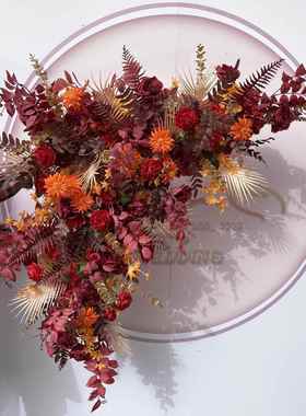 红色色婚庆花艺仿花婚礼橘布置真排花花CMM路引花点花背景角迎宾