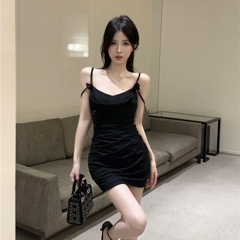 纯欲性感低胸吊带连衣裙2025夜总店足浴技师工作服花朵流苏包臀裙