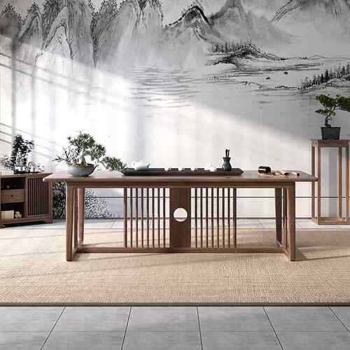 0A新式实木茶桌椅组合室泡茶台室中茶桌北美黑GCT胡桃木茶办公书