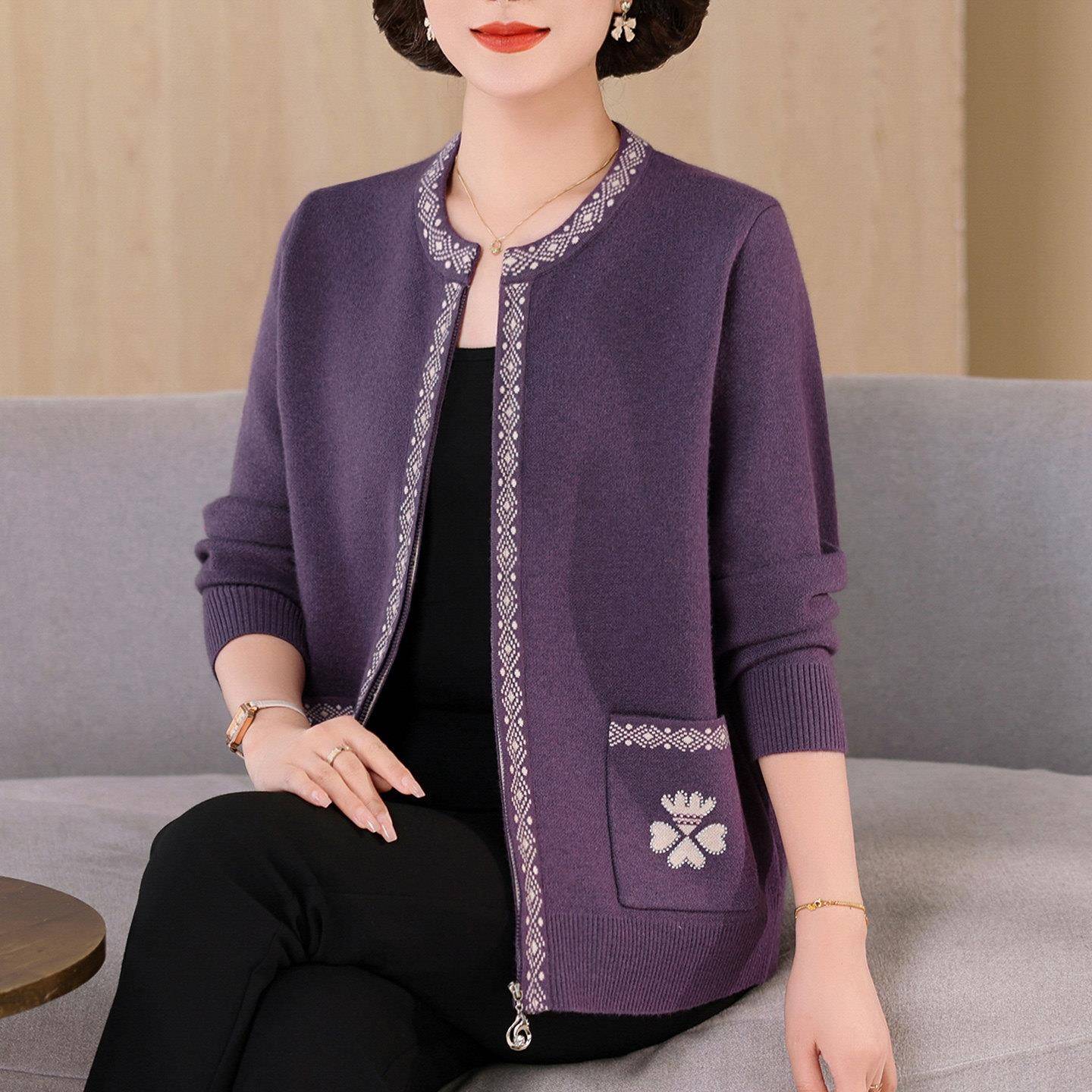 中老年妈妈春装针织开衫大尺码女装200斤宽松拉炼外套羊毛衫上衣