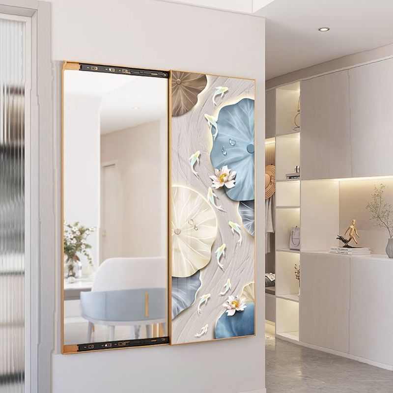 新中式九鱼图穿衣镜装饰画可隐形推拉竖版卫生间遮挡玄关挂画