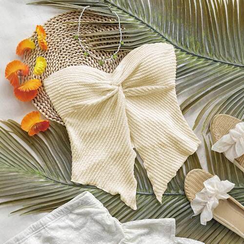 Women's Textured Knit Strapless Top with Front Knot and