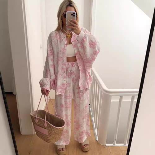 Printed long sleeved high waisted straight leg pants for