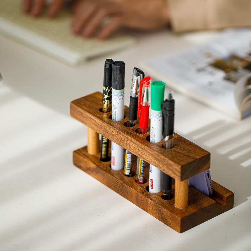 木制笔筒收纳架桌面办公多位笔插手机架一体创意文具收纳盒