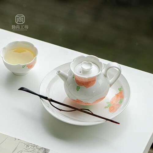 手绘粉桃壶承釉下彩白瓷盖碗底托茶道配件家用陶瓷水果盘茶点盘