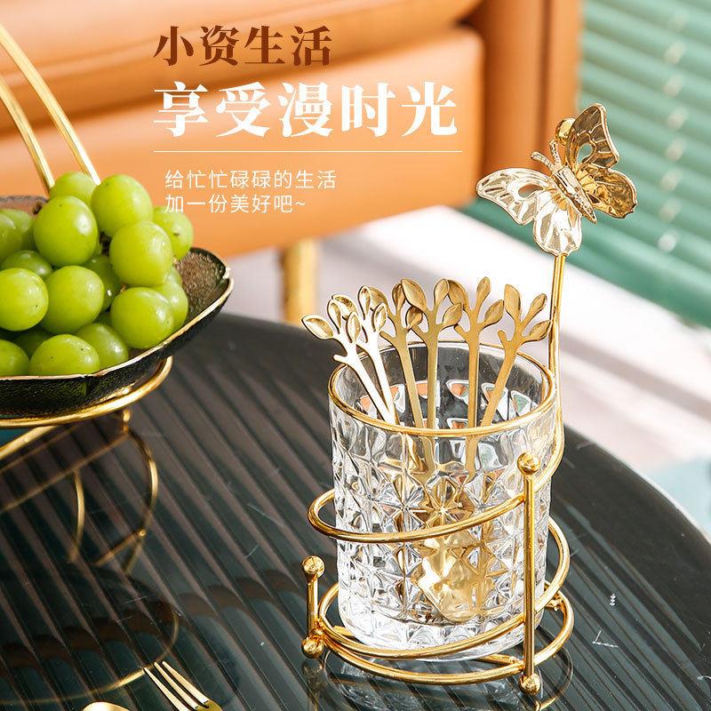 网红叉子小勺子金色树叶水果叉收纳甜品创意家用可爱蛋糕叉子