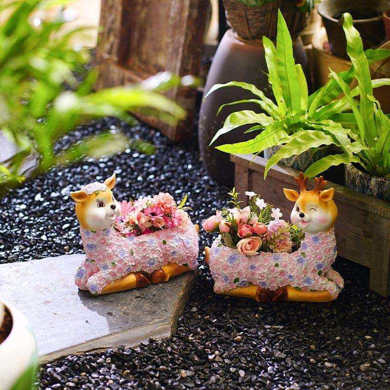 户外花园庭院花盆摆件梅花鹿花盆幼儿园阳台树脂雕塑多肉盆栽装饰