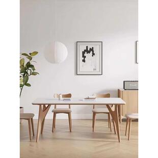 奶油风实木岩板餐桌侘寂简约小户型飞鸟原木色白蜡木长方形饭桌椅