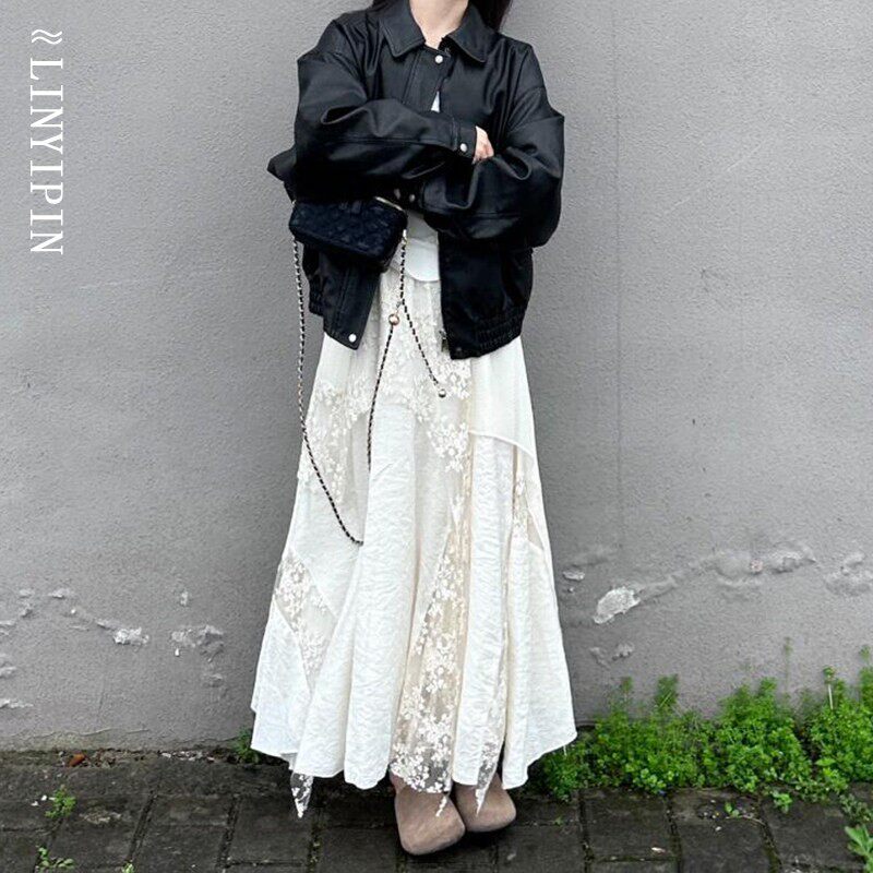 韩国白色半身裙长款女春秋大码重工网纱刺绣拼接蕾丝不规则蛋糕裙