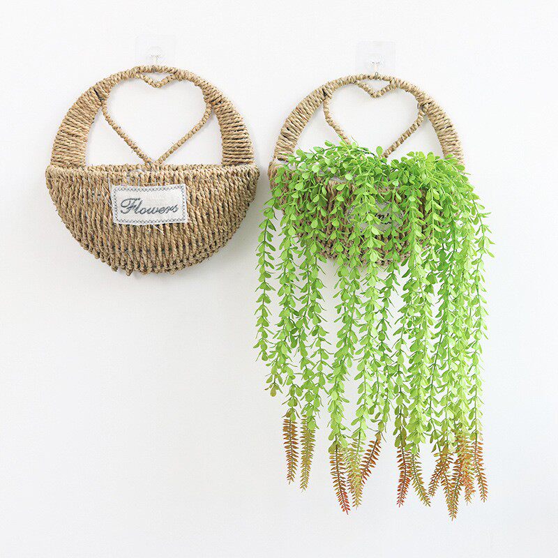 外贸墙挂草编壁挂花篮墙上吊篮悬挂编织篮柳编花盆心形藤编壁挂篮