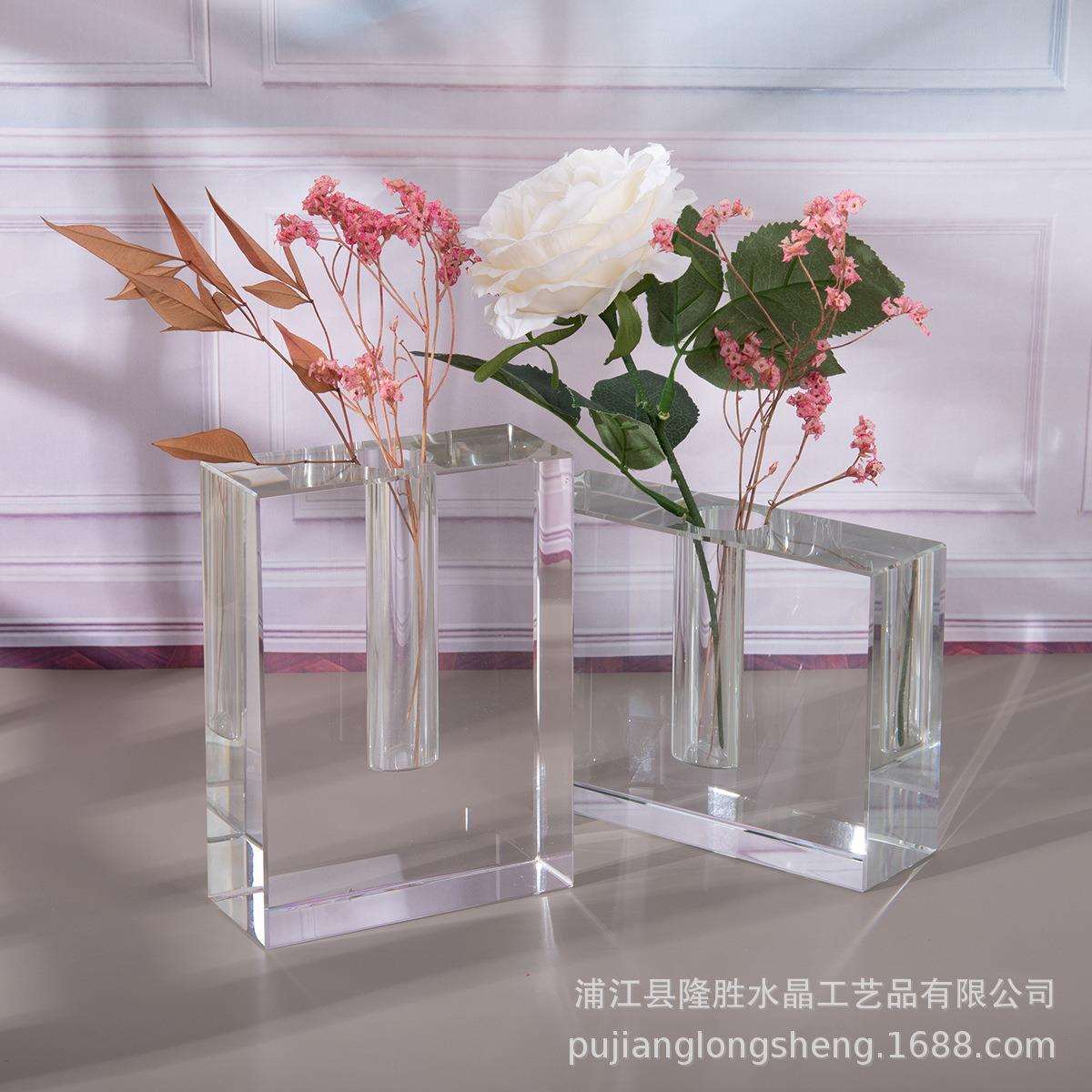 北欧简约风格水晶客厅摆件家居软装花瓶花插透明单口方形竖款花器