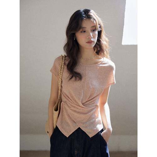 MIXABO松弛感粉色扭结T恤女夏短款设计感不规则下摆短袖圆领上衣