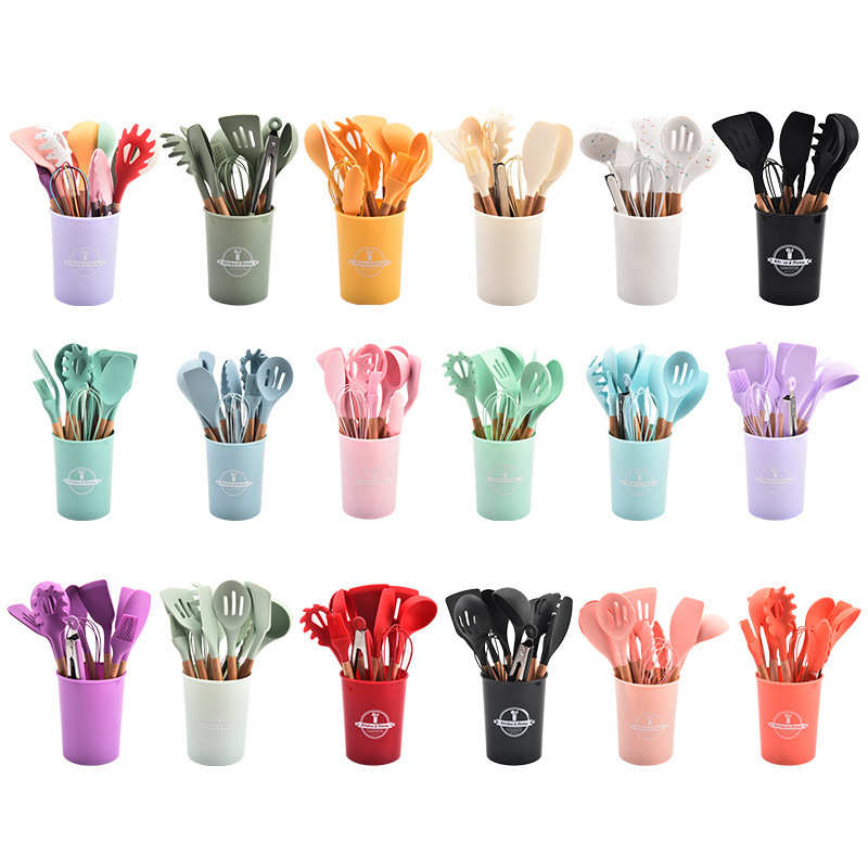 硅胶木柄厨具12件套装不粘锅烹饪粉抓漏铲汤勺密更刮刀打蛋器