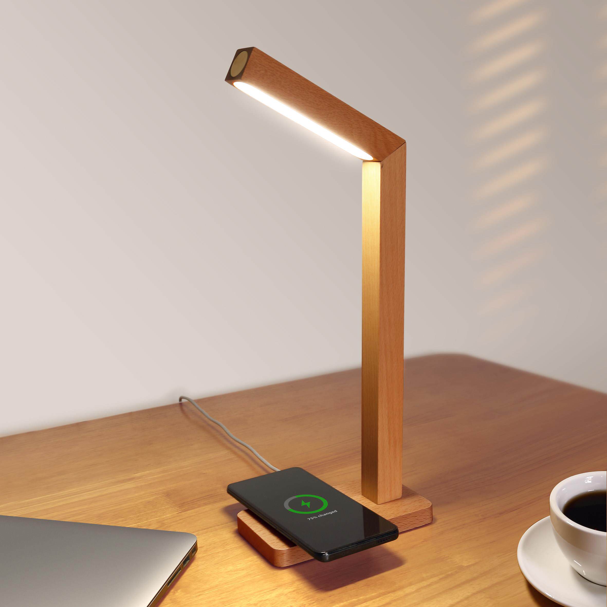 小众北欧简约覆古轻奢实木木质分体式桌面台灯氛围小夜灯无线充电