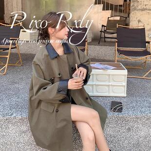 RIXO RXLY军绿色风衣外套女春秋季小众设计感撞色拼接中长款大衣