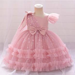 baby girls contrast sequin bow decor tiered layer satin