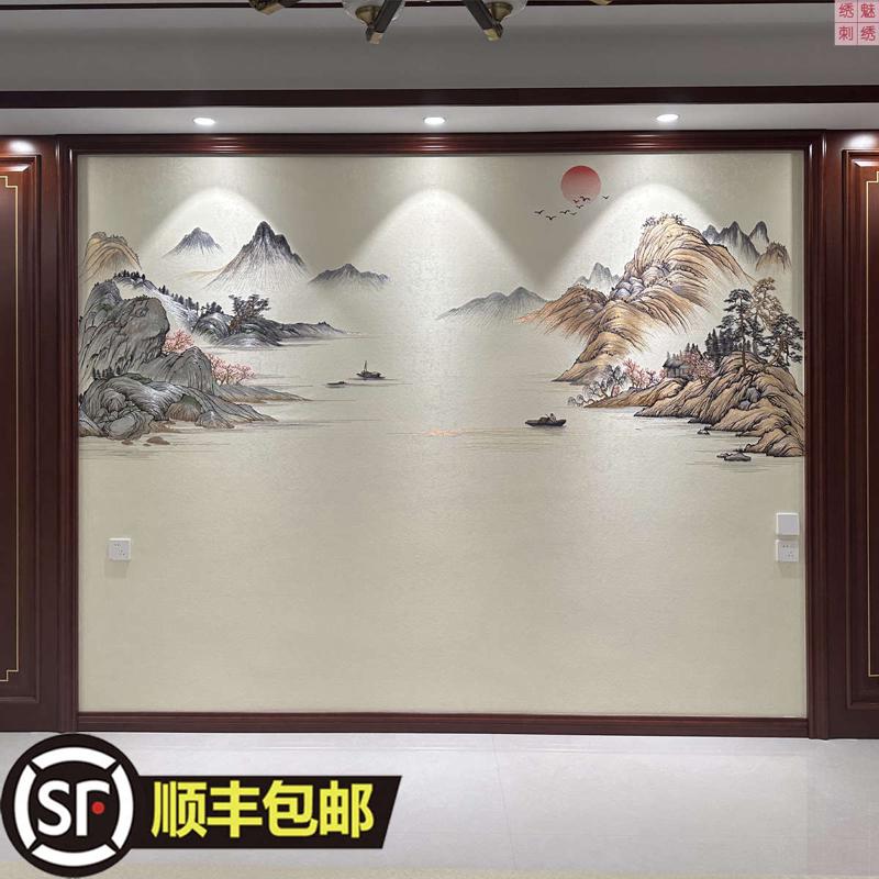 高端新中式独绣客厅沙发电视刺绣背景墙布复古无缝壁布