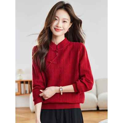 国风新中式打底衫女士秋冬内搭红色上衣春可外穿毛衣洋气2025新款