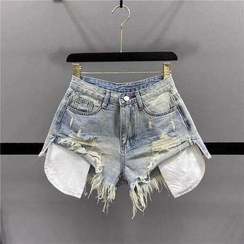 Korean Vintage Blue Sexy Ripped Jeans for Women Patchwork