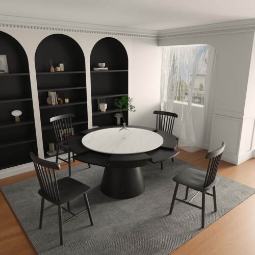 意式现代风格岩板转盘实木圆桌旋转伸缩变径餐桌省空间小户型饭厅