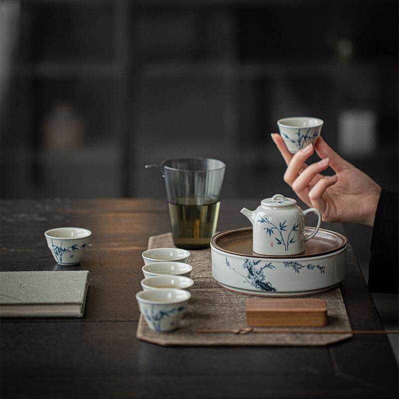 弥QHZH-005彩用言釉下手绘竹逸茶壶茶具套装手工茶陶瓷茶壶带过滤