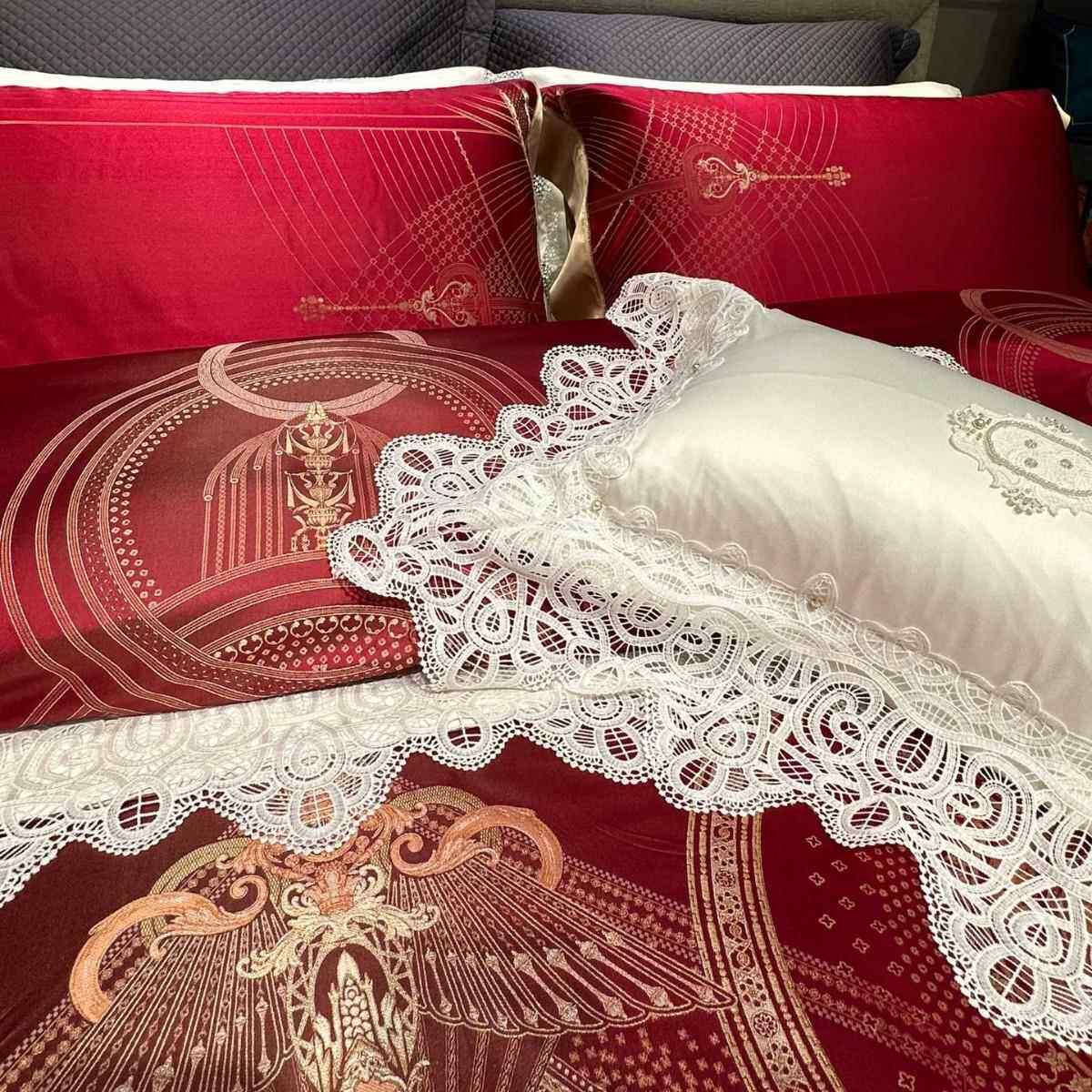 高端婚件庆BPV真丝色织花四套大红色结婚陪被提套床单婚房嫁床上