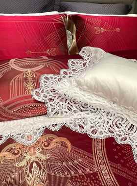 高端婚件庆BPV真丝色织花四套大红色结婚陪被提套床单婚房嫁床上