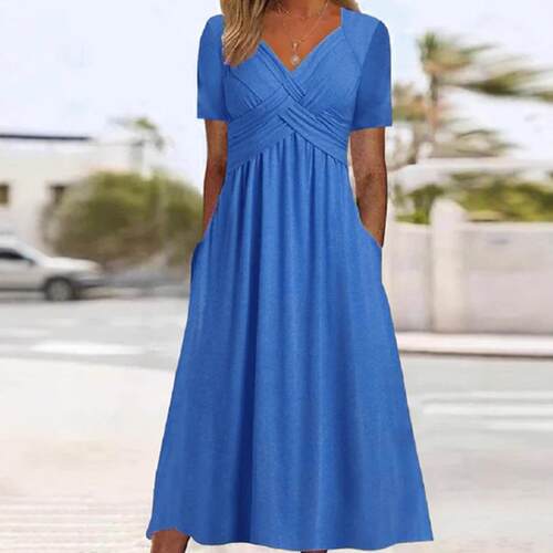 V-neck short sleeved pocket dress for women